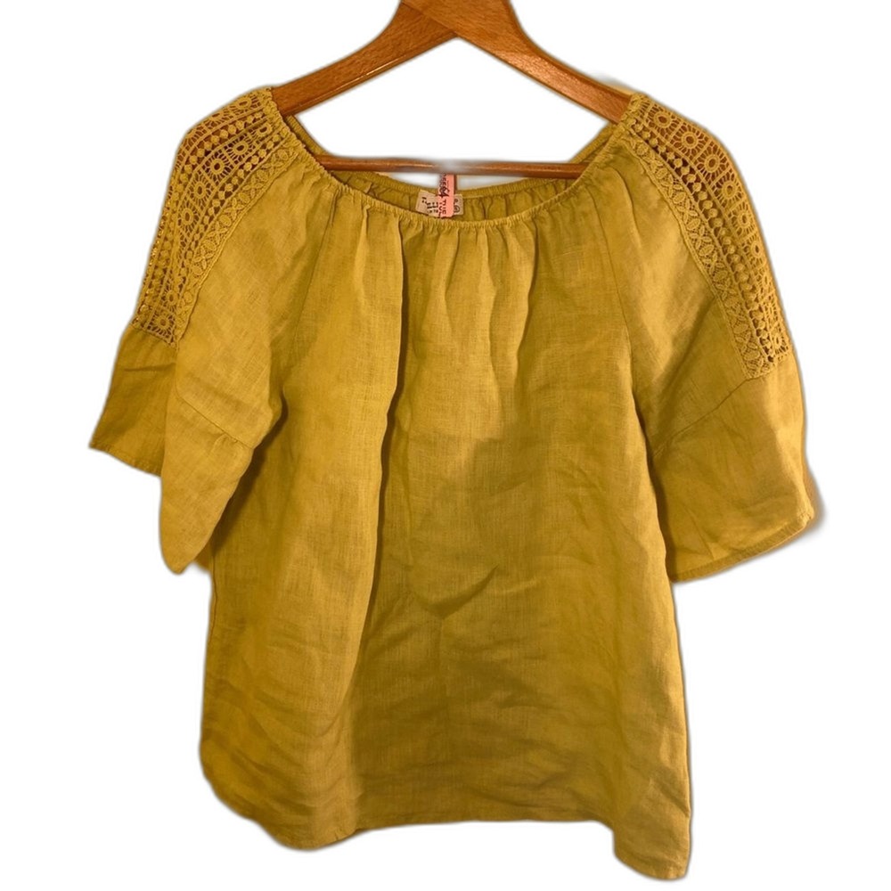 Terzo Millennio Blouse Women Sz S Yellow‎ Crochet Trim Linen Top Italy